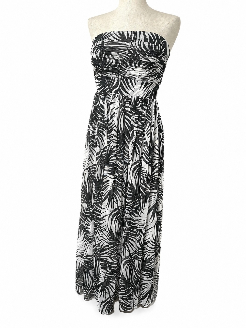 NWT White House Black Market Strapless Ruched Mesh Palm-Print Maxi Dress Size 4